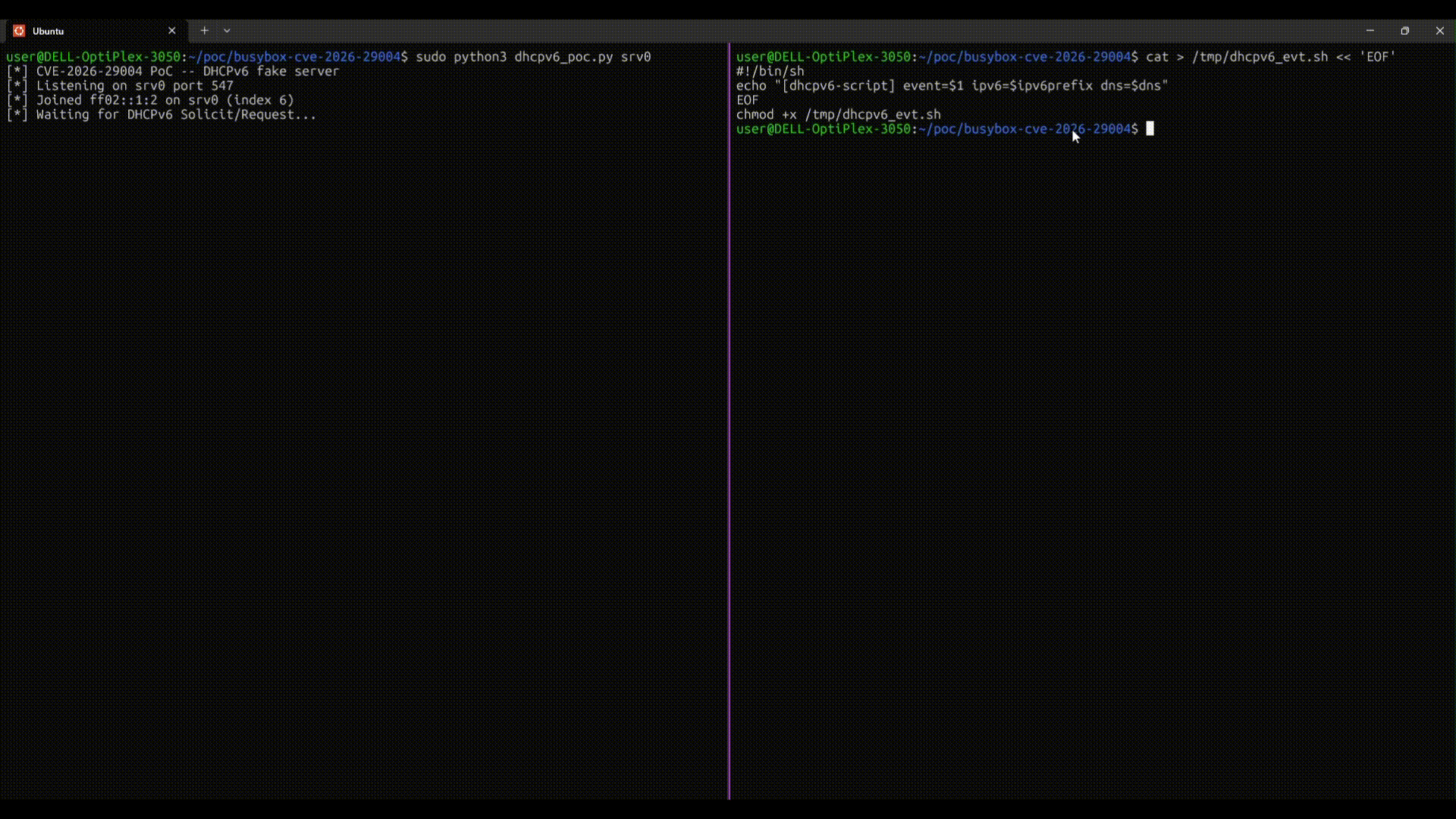 CVE-2026-29004 Proof of Concept — AddressSanitizer detecting heap-buffer-overflow in udhcpc6